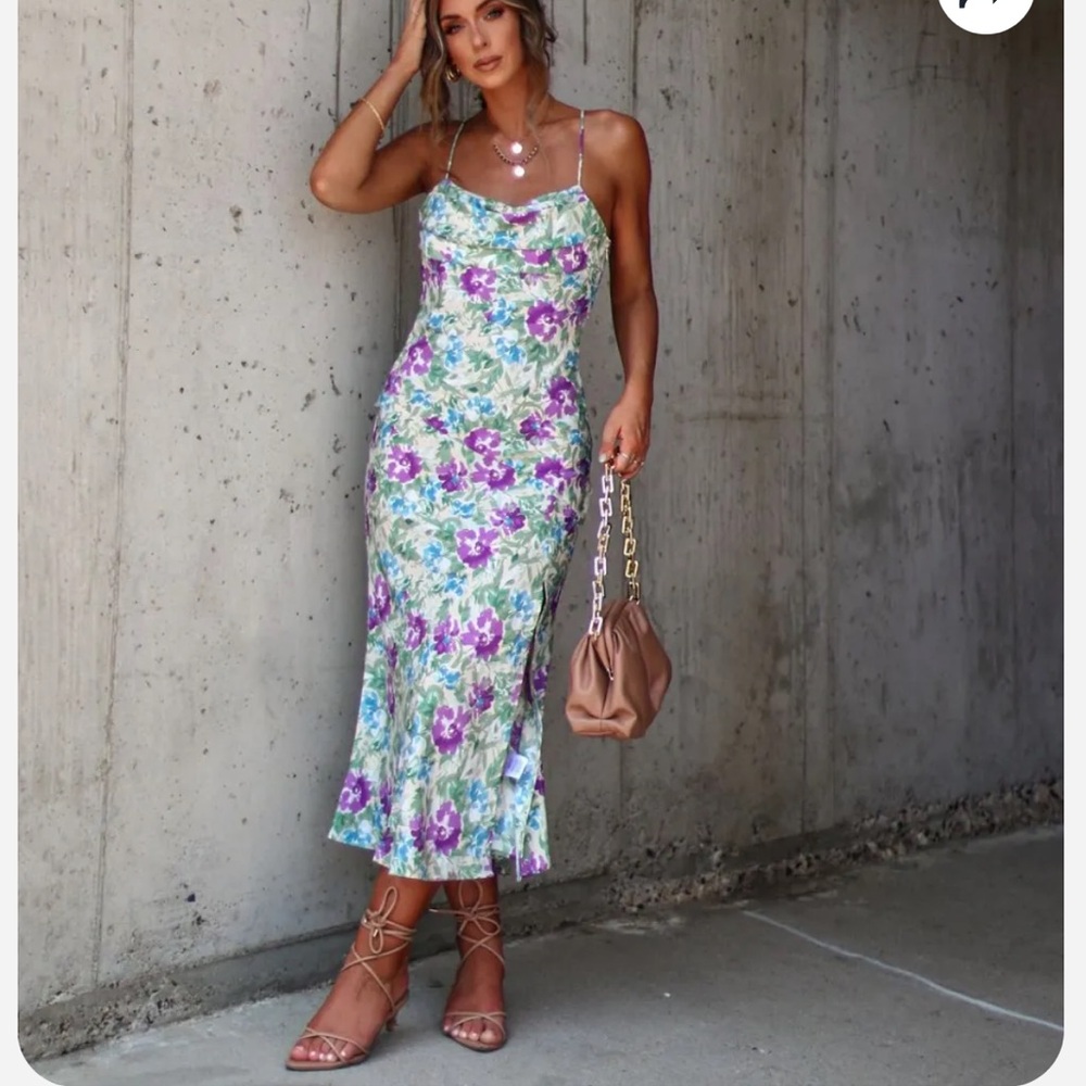 Vici Tiered Ruffled Midi Dress Purple and Green